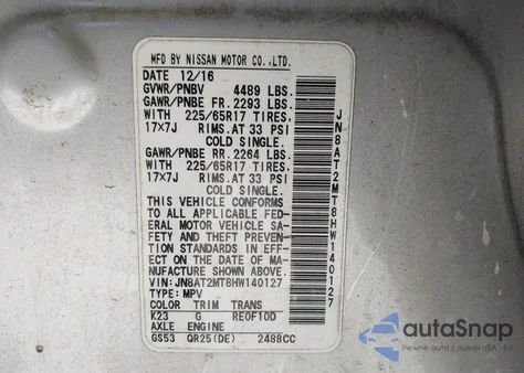 2017 Nissan Rogue Sv z USA, uszkodzony, nr VIN JN8AT2MT8HW140127